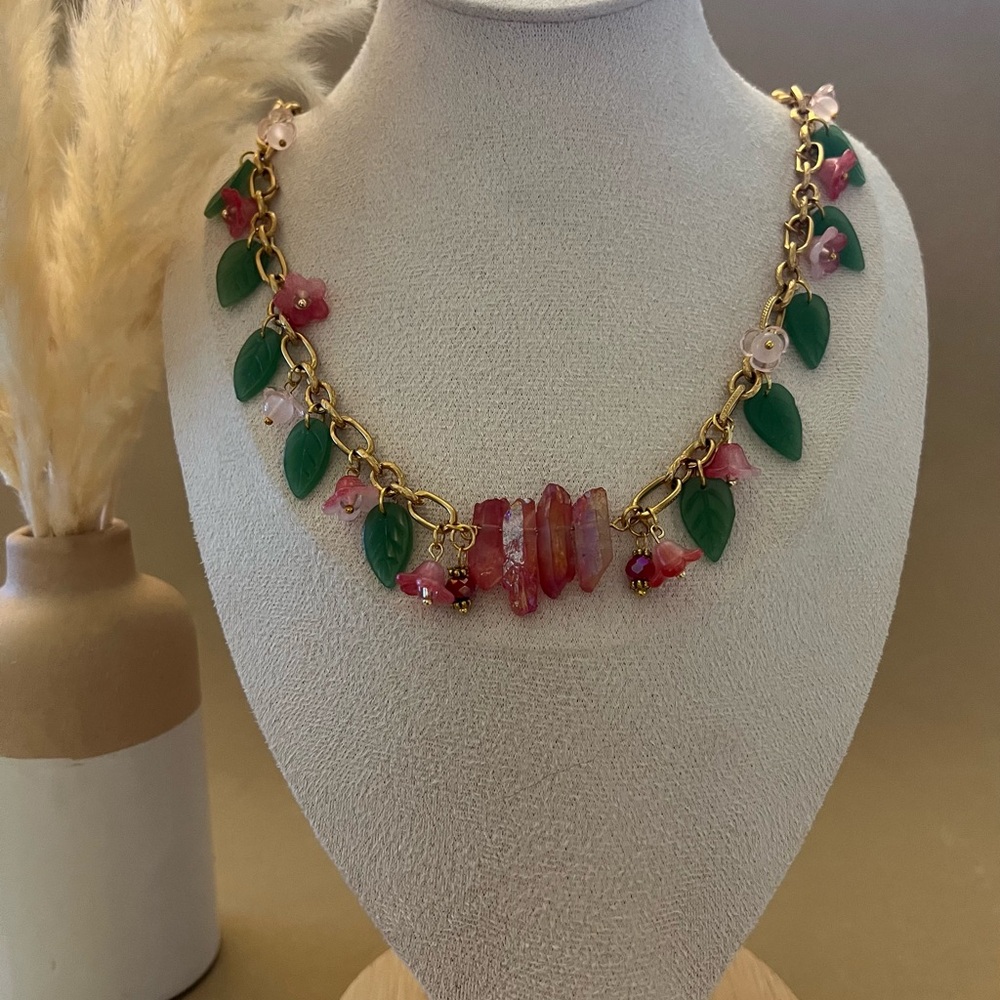 Elegant Gold and Pink Floral Necklace - Romantic Cottagecore Charm Necklace